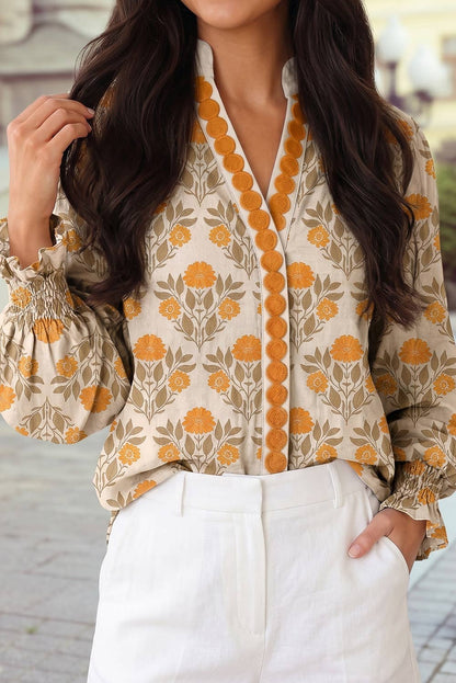 Floral Print V Neck Long Sleeve Casual Blouse
