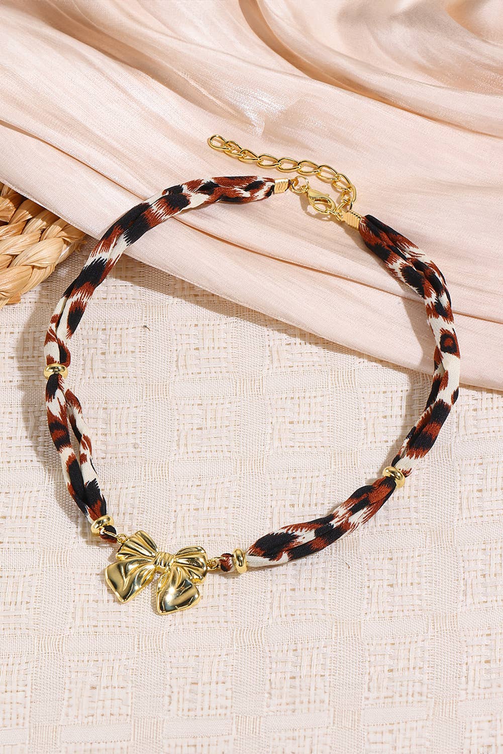 LDC Plated Bow Charm Leopard Ribbon Necklace: Gold / ONE SIZE