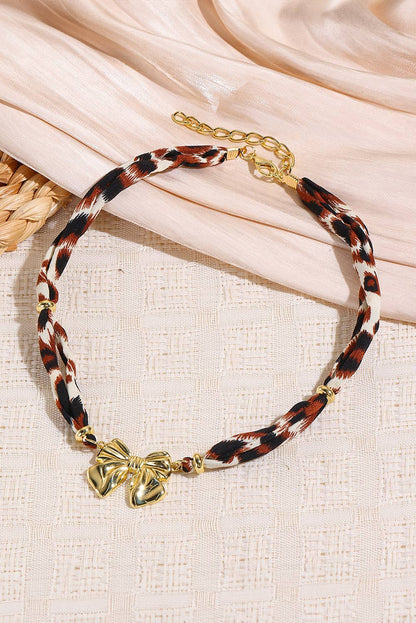 LDC Plated Bow Charm Leopard Ribbon Necklace: Gold / ONE SIZE