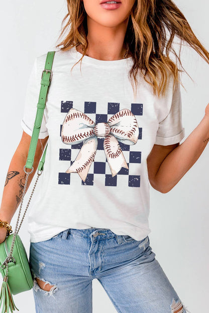 Checkered Baseball Bowknot Graphic Crew T Shirt