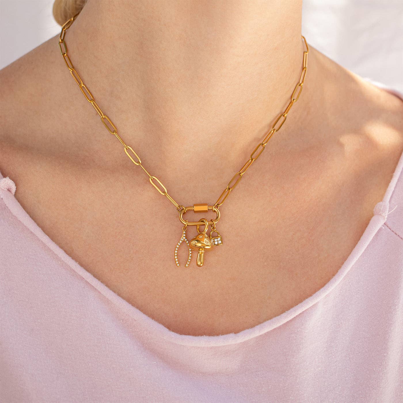 18K Gold PVD Paperclip Carabiner Necklace: Stainless / 16+2"