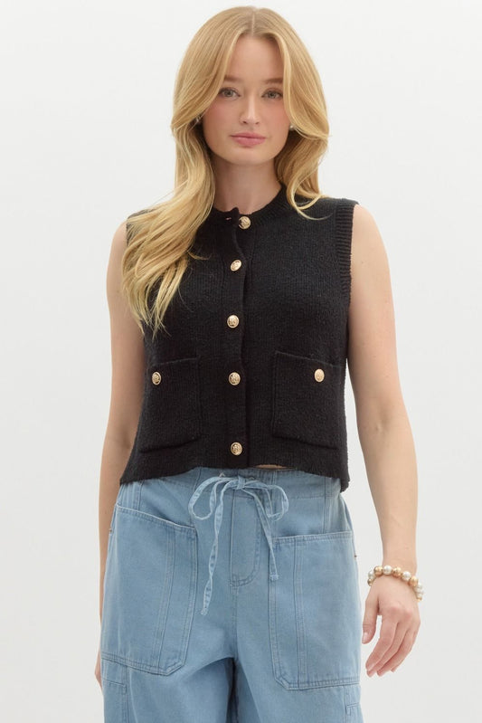 Solid Black Sleeveless Knit Top W/ Gold Buttons