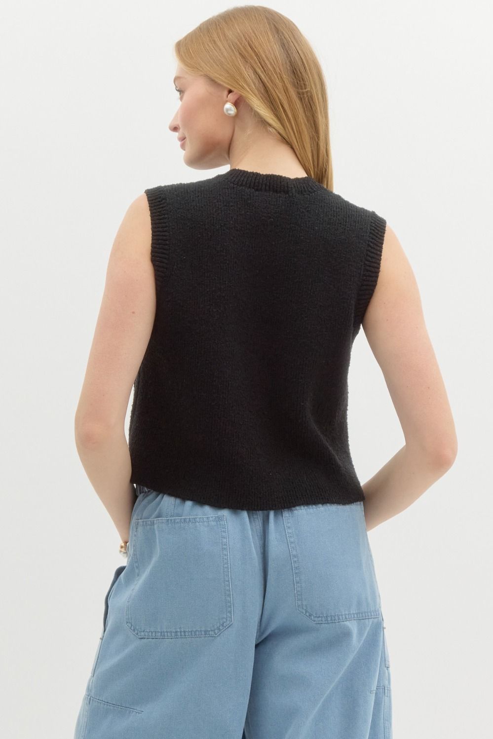 Solid Black Sleeveless Knit Top W/ Gold Buttons