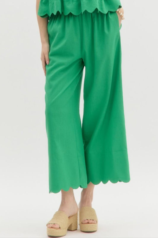 Solid High Waisted Scallop Hem Wide Leg