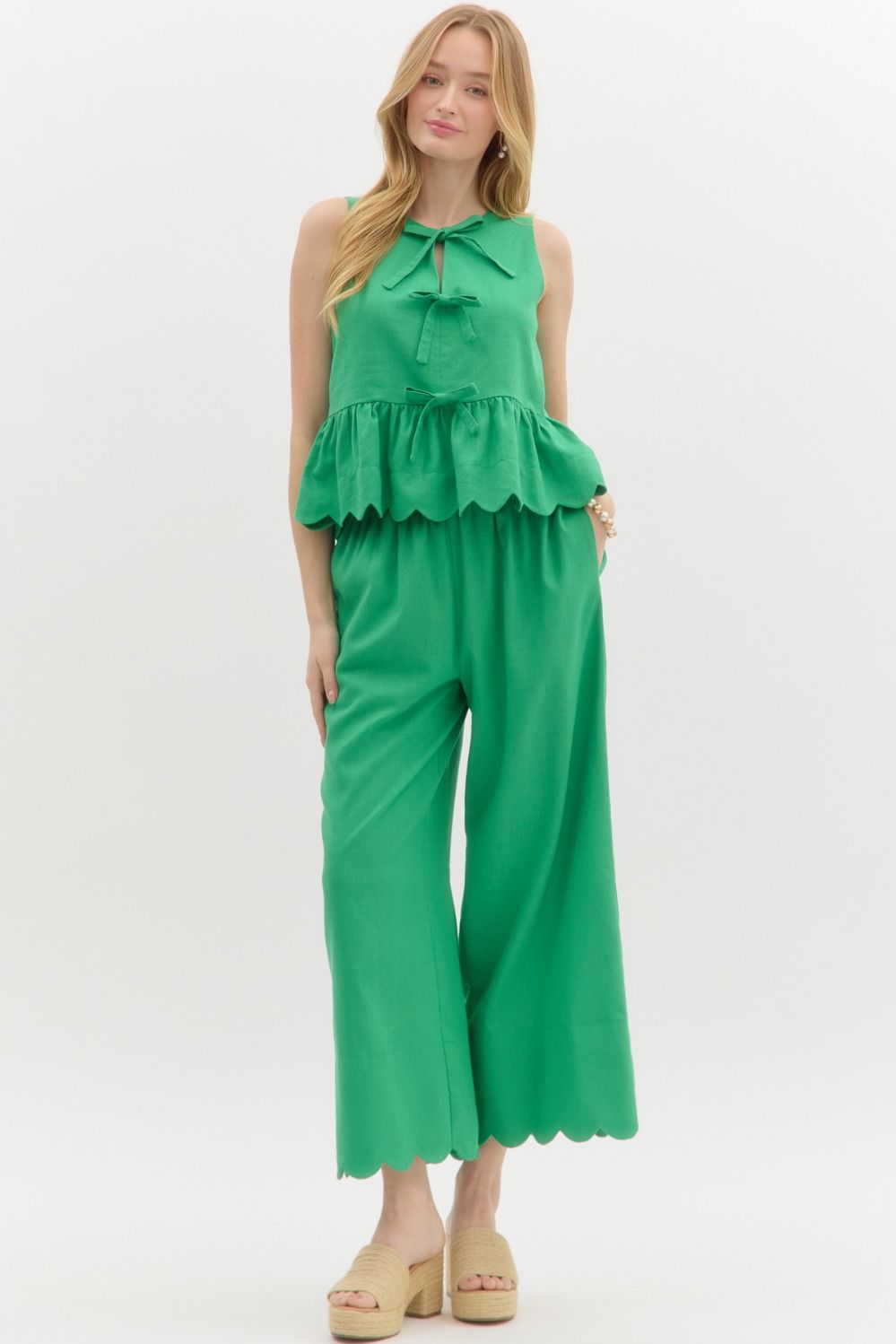 Solid High Waisted Scallop Hem Wide Leg