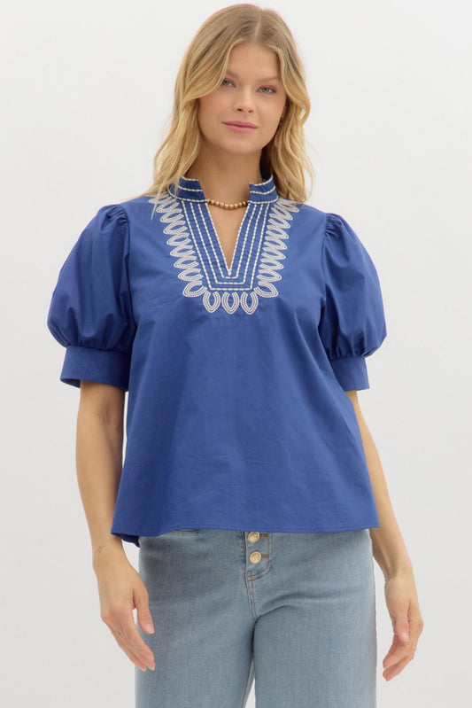 Puff Sleeve Embroidered Top blue