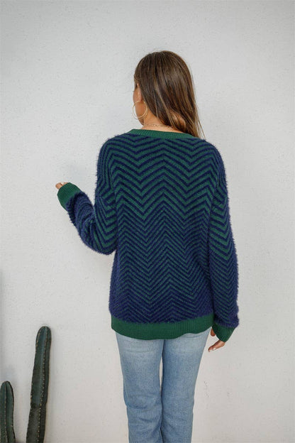 Long Sleeve Striped Pullover Sweater: NAVY