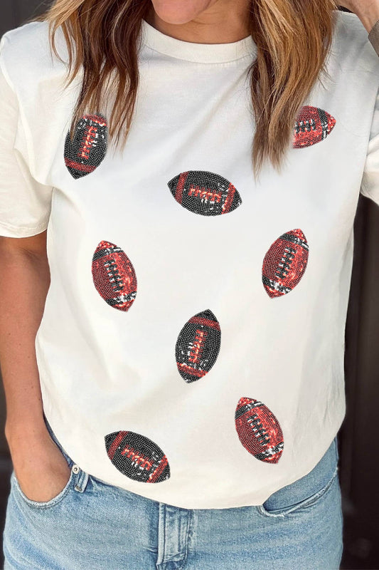 Sequin Football Pattern Round Neck Casual T Shirt