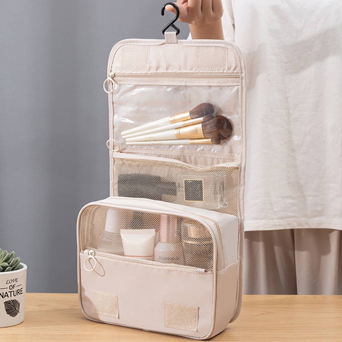 Beige Makeup Storage Bag For Travel